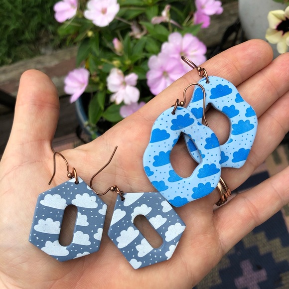 Handmade Polymer Clay Cloud Earrings - Picture 2 of 2